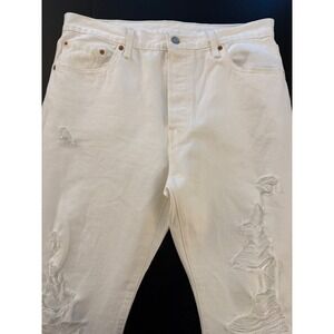 Levi's 501 Button-Fly Jeans Mens 33x29* White Straight Distressed Raw Hem Denim‎